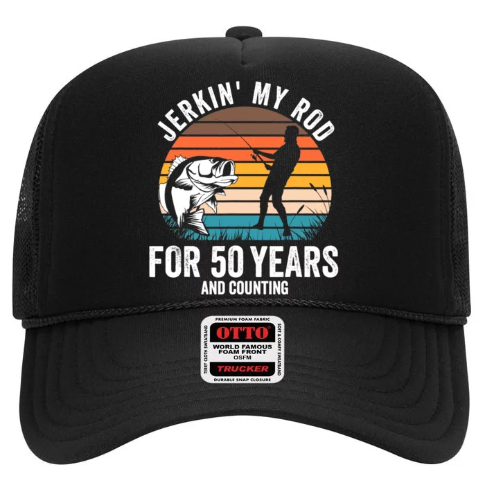 50th Birthday Gift for Fisherman  Funny Fishing 50 Bday High Crown Mesh Trucker Hat