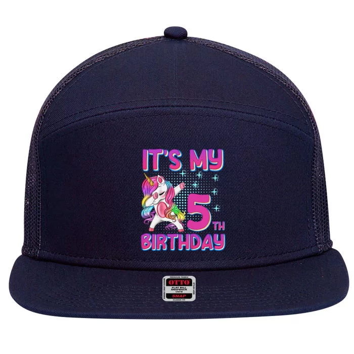 5th Birthday Girl Unicorn Five Year Old 7 Panel Mesh Trucker Snapback Hat