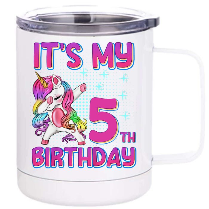 5th Birthday Girl Unicorn Five Year Old Front & Back 12oz Stainless Steel Tumbler Cup