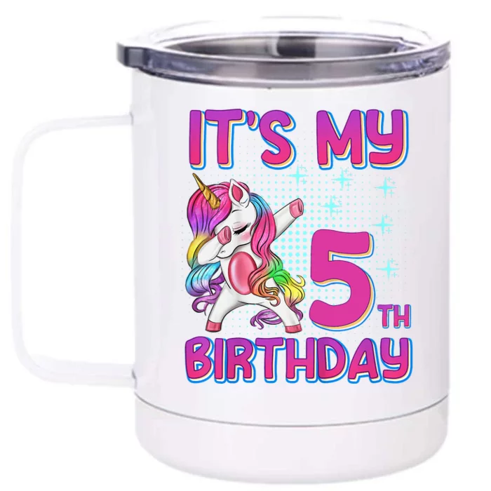 5th Birthday Girl Unicorn Five Year Old Front & Back 12oz Stainless Steel Tumbler Cup