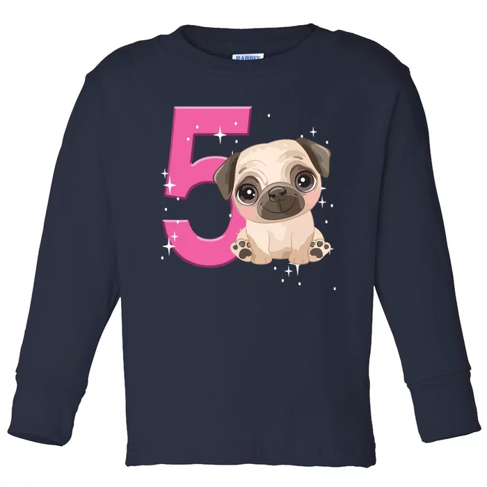 5th Birthday Girl Pug Dog Birthday Shirts Party Pug Kids Five Toddler Long Sleeve Shirt