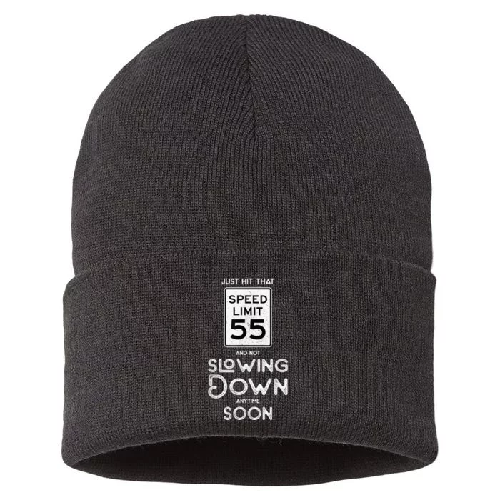 55th Birthday Idea Speed Limit Sign 55 mph Funny Driving Sustainable Knit Beanie