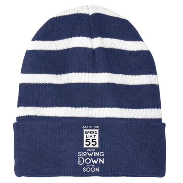 55th Birthday Idea Speed Limit Sign 55 mph Funny Driving Striped Beanie with Solid Band