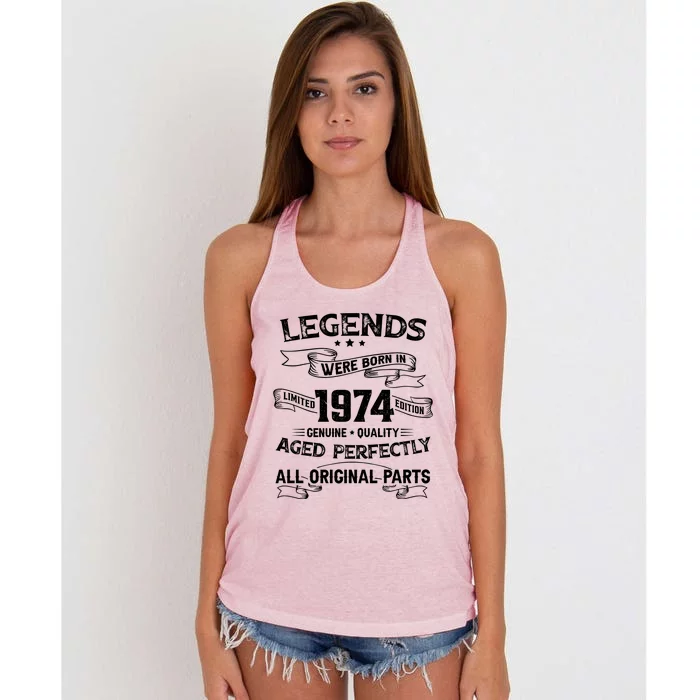 50th Birthday Legends Were Born In 1974 Women's Knotted Racerback Tank