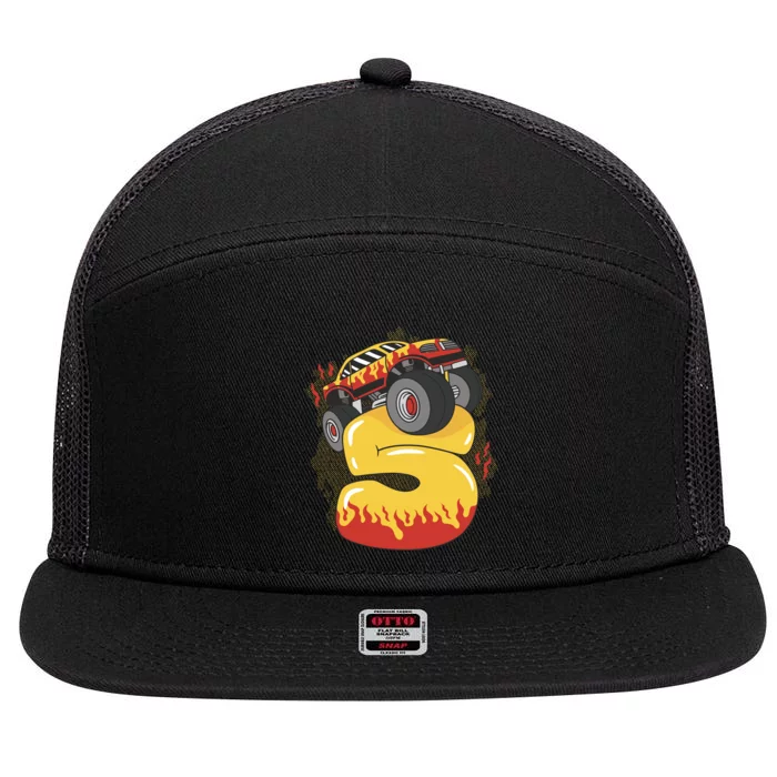 5th Birthday Monster Truck 7 Panel Mesh Trucker Snapback Hat