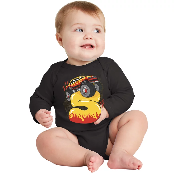 5th Birthday Monster Truck Baby Long Sleeve Bodysuit