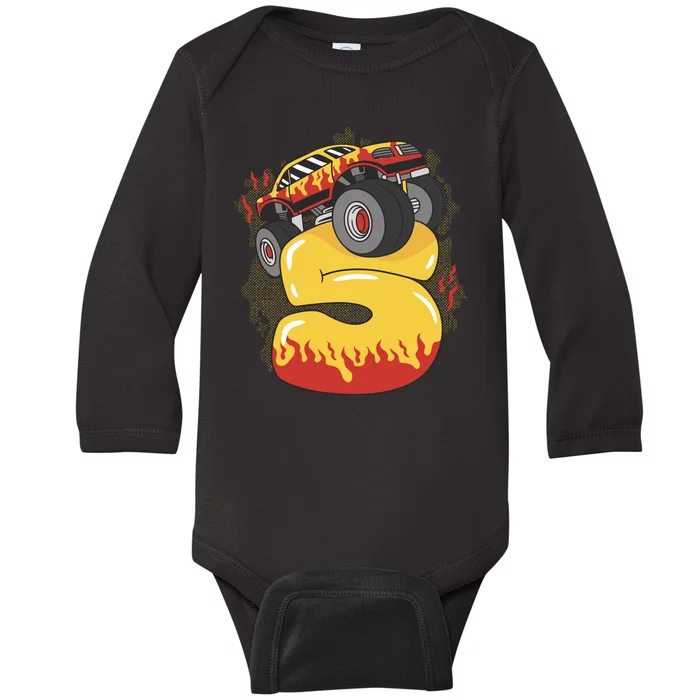 5th Birthday Monster Truck Baby Long Sleeve Bodysuit