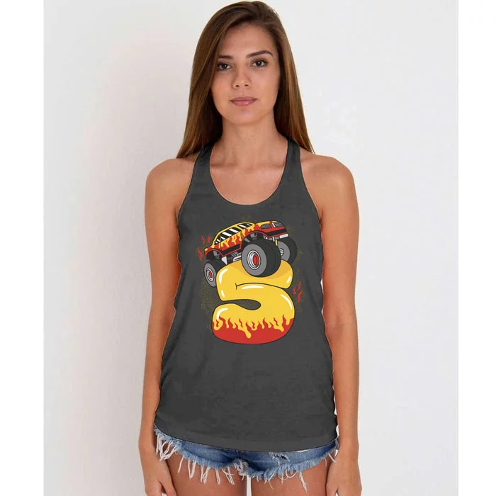 5th Birthday Monster Truck Women's Knotted Racerback Tank