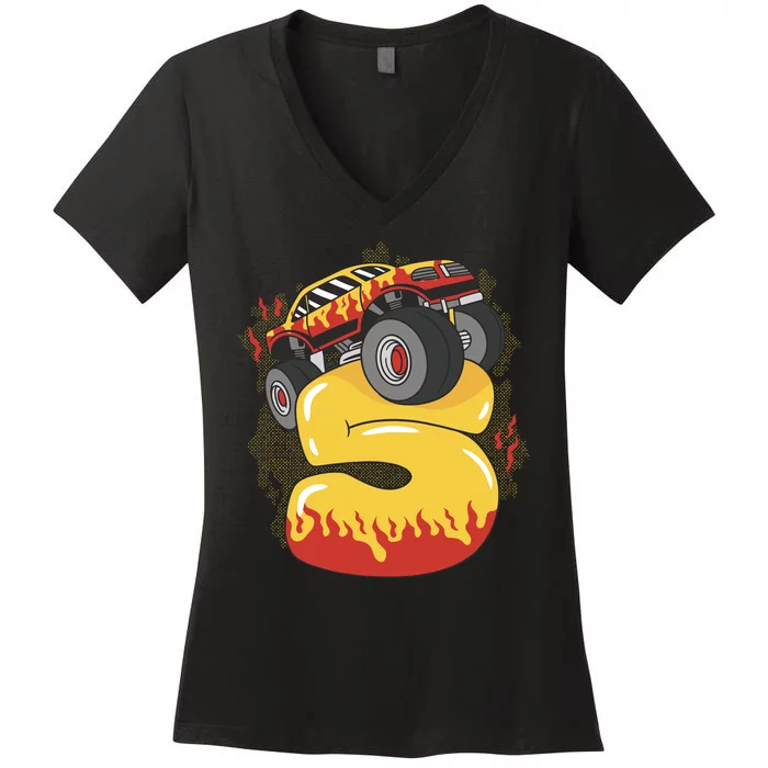 5th Birthday Monster Truck Women's V-Neck T-Shirt