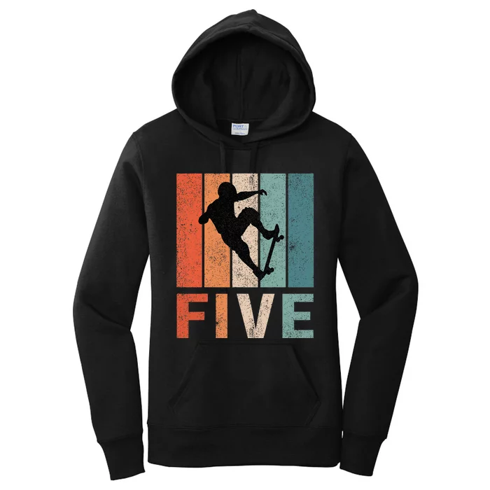 5th Birthday Retro Skateboard Skater 5 Years Old Women's Pullover Hoodie