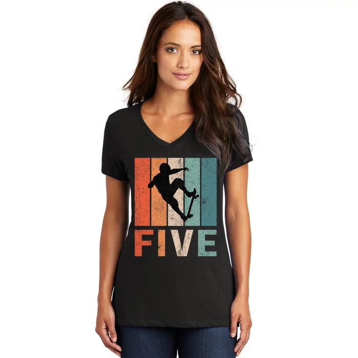 5th Birthday Retro Skateboard Skater 5 Years Old Women's V-Neck T-Shirt