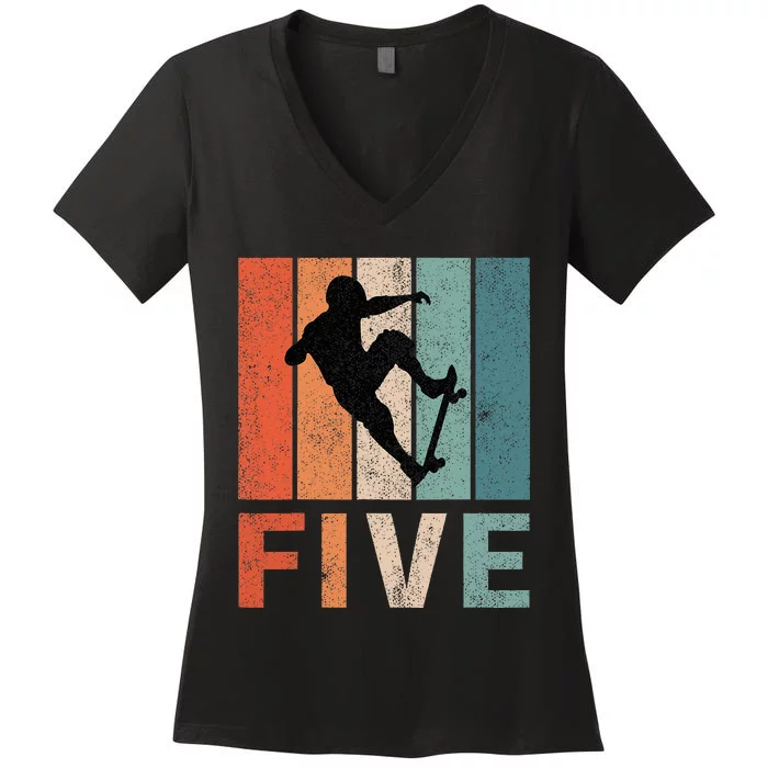 5th Birthday Retro Skateboard Skater 5 Years Old Women's V-Neck T-Shirt