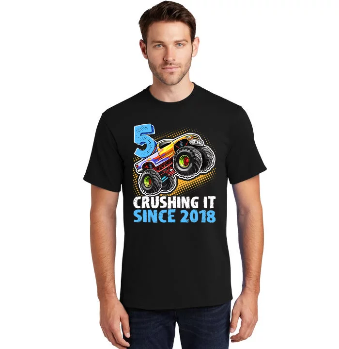 5 Crushing It Since 2018 Monster Truck 5th Birthday Boy Tall T-Shirt