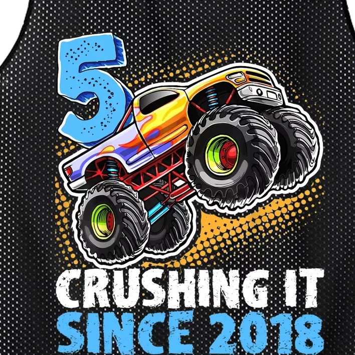 5 Crushing It Since 2018 Monster Truck 5th Birthday Boy Mesh Reversible Basketball Jersey Tank