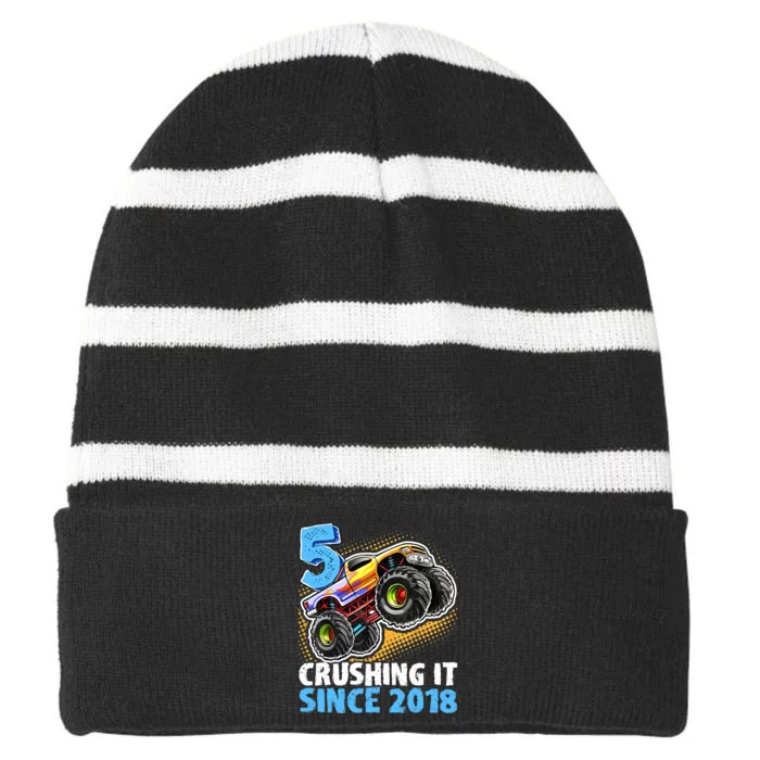 5 Crushing It Since 2018 Monster Truck 5th Birthday Boy Striped Beanie with Solid Band