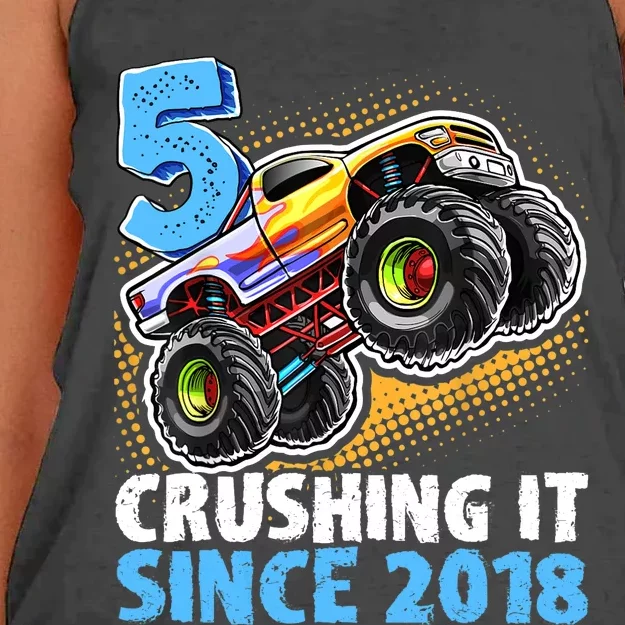 5 Crushing It Since 2018 Monster Truck 5th Birthday Boy Women's Knotted Racerback Tank