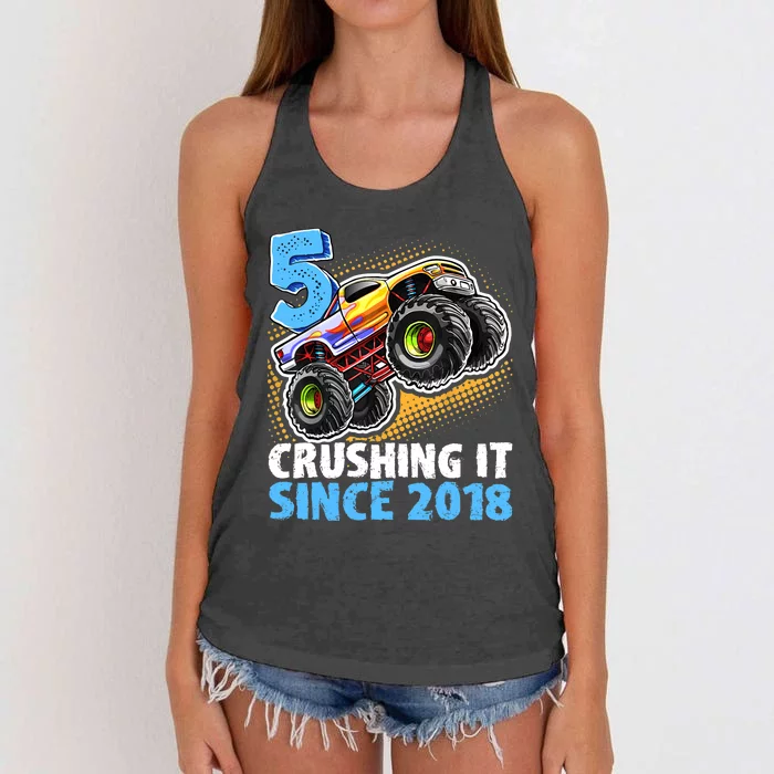 5 Crushing It Since 2018 Monster Truck 5th Birthday Boy Women's Knotted Racerback Tank