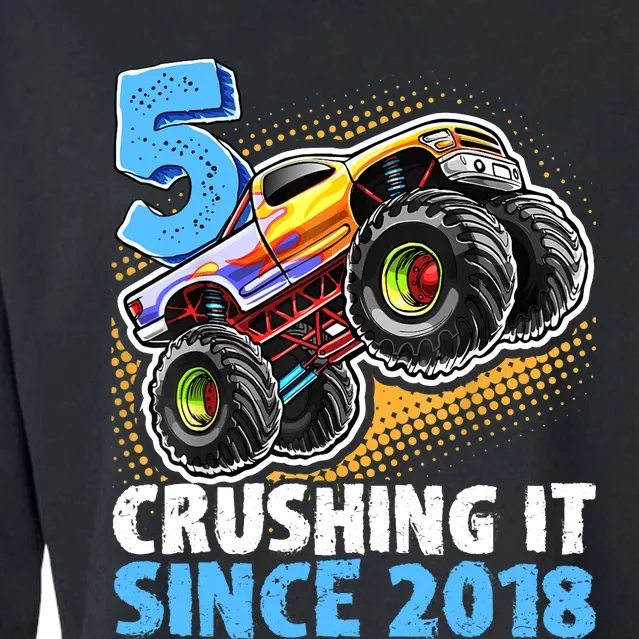 5 Crushing It Since 2018 Monster Truck 5th Birthday Boy Cropped Pullover Crew