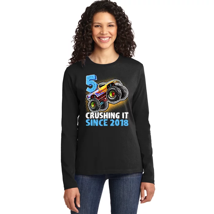 5 Crushing It Since 2018 Monster Truck 5th Birthday Boy Ladies Long Sleeve Shirt