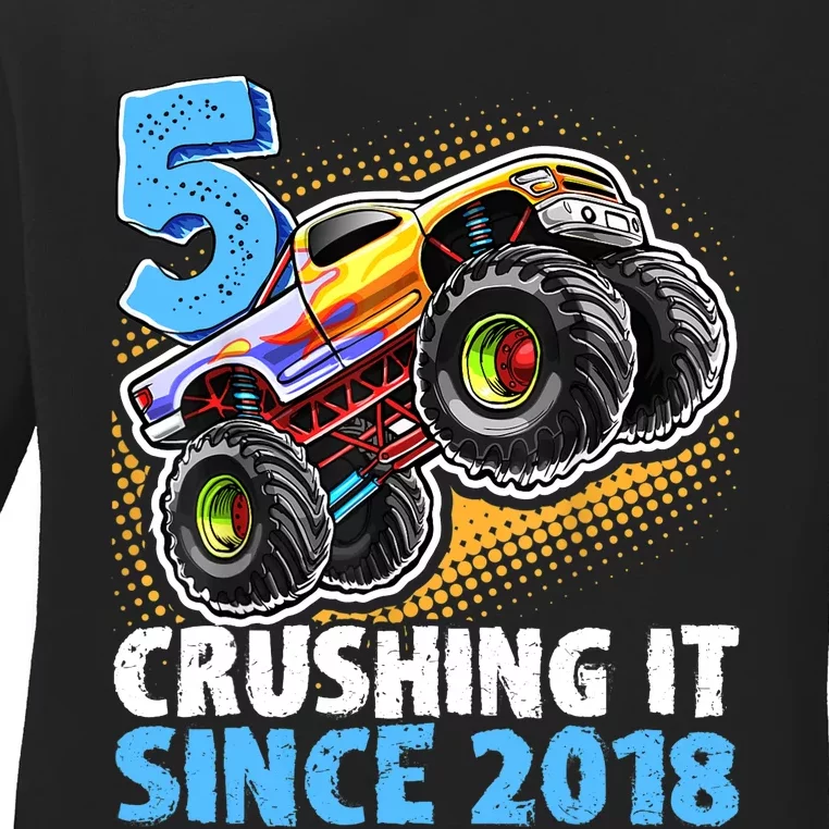 5 Crushing It Since 2018 Monster Truck 5th Birthday Boy Ladies Long Sleeve Shirt