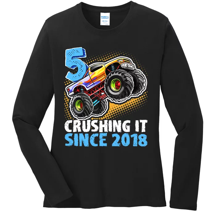 5 Crushing It Since 2018 Monster Truck 5th Birthday Boy Ladies Long Sleeve Shirt