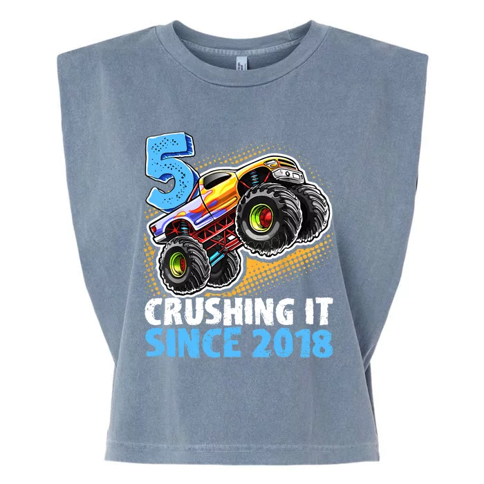 5 Crushing It Since 2018 Monster Truck 5th Birthday Boy Garment-Dyed Women's Muscle Tee