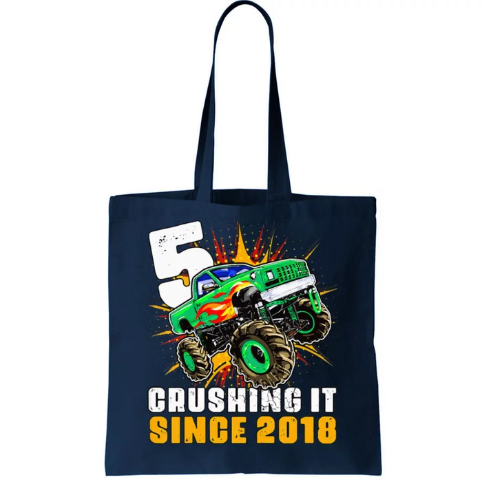 5 Crushing It Since 2018 Monster Truck 5th Birthday Tote Bag