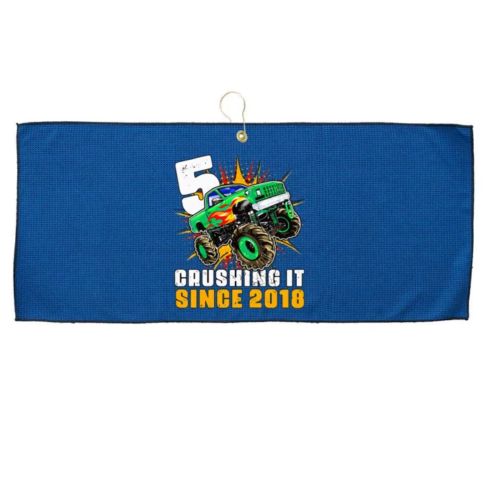 5 Crushing It Since 2018 Monster Truck 5th Birthday Large Microfiber Waffle Golf Towel