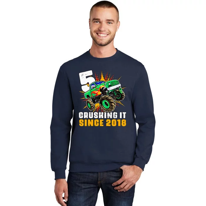 5 Crushing It Since 2018 Monster Truck 5th Birthday Tall Sweatshirt