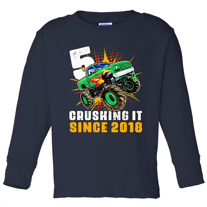 5 Crushing It Since 2018 Monster Truck 5th Birthday Toddler Long Sleeve Shirt