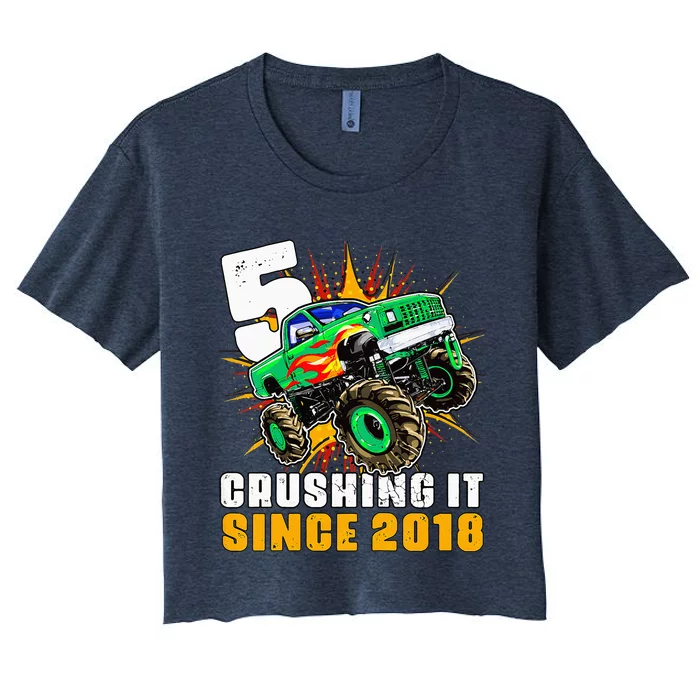 5 Crushing It Since 2018 Monster Truck 5th Birthday Women's Crop Top Tee