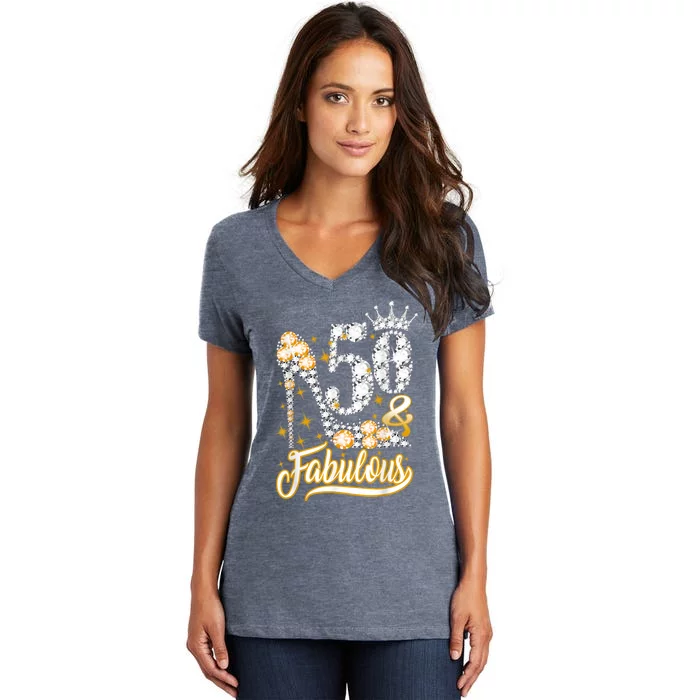 50 & Fabulous 50 Years Old 50th Birthday Diamond Crown Shoes Women's V-Neck T-Shirt