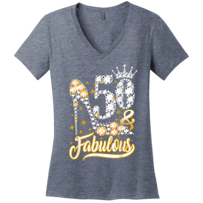 50 & Fabulous 50 Years Old 50th Birthday Diamond Crown Shoes Women's V-Neck T-Shirt