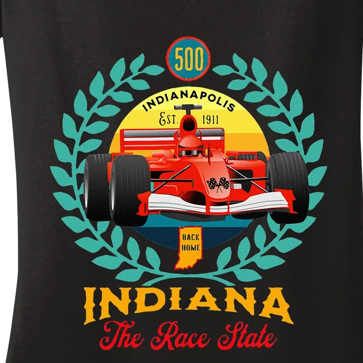 500 Indianapolis Indiana The Race State Checkered Flag Women's V-Neck T-Shirt