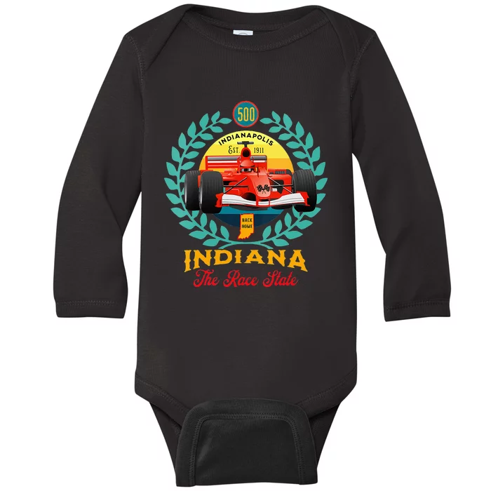 500 Indianapolis Indiana The Race State Checkered Flag Baby Long Sleeve Bodysuit