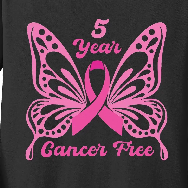 5 Year Cancer Free Breast Cancer Awareness Butterfly Women Kids Long Sleeve Shirt