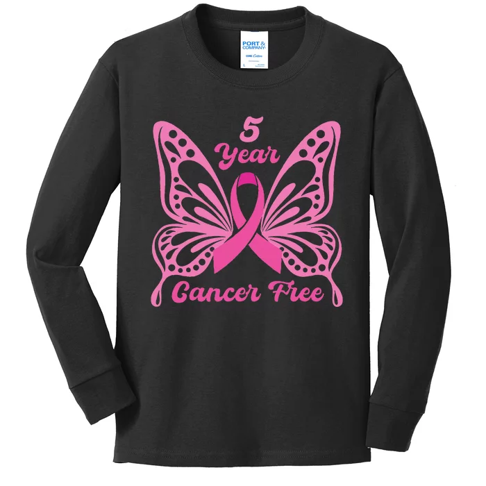 5 Year Cancer Free Breast Cancer Awareness Butterfly Women Kids Long Sleeve Shirt