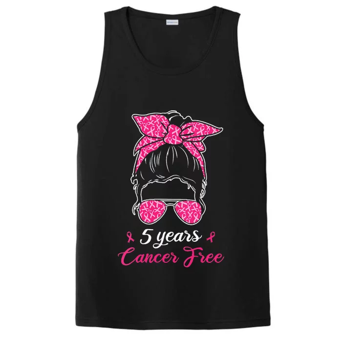 5 Year Cancer Free Breast Cancer Awareness Messy Bun Girl Performance Tank