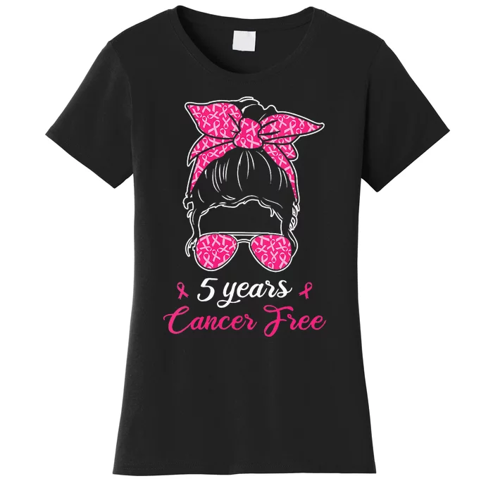 5 Year Cancer Free Breast Cancer Awareness Messy Bun Girl Women's T-Shirt