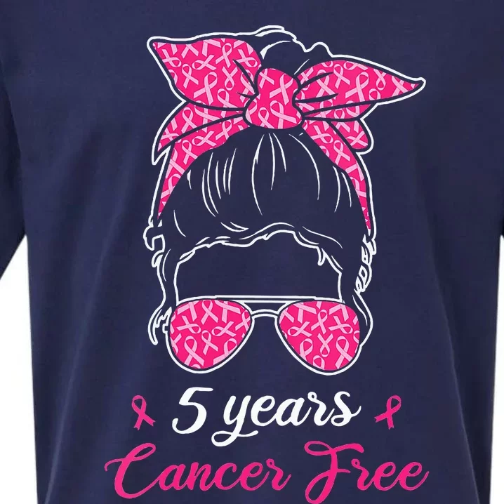 5 Year Cancer Free Breast Cancer Awareness Messy Bun Girl Sueded Cloud Jersey T-Shirt