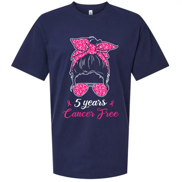 5 Year Cancer Free Breast Cancer Awareness Messy Bun Girl Sueded Cloud Jersey T-Shirt