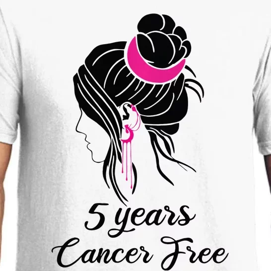 5 Year Cancer Free Breast Cancer Awareness Messy Bun Girl Pajama Set