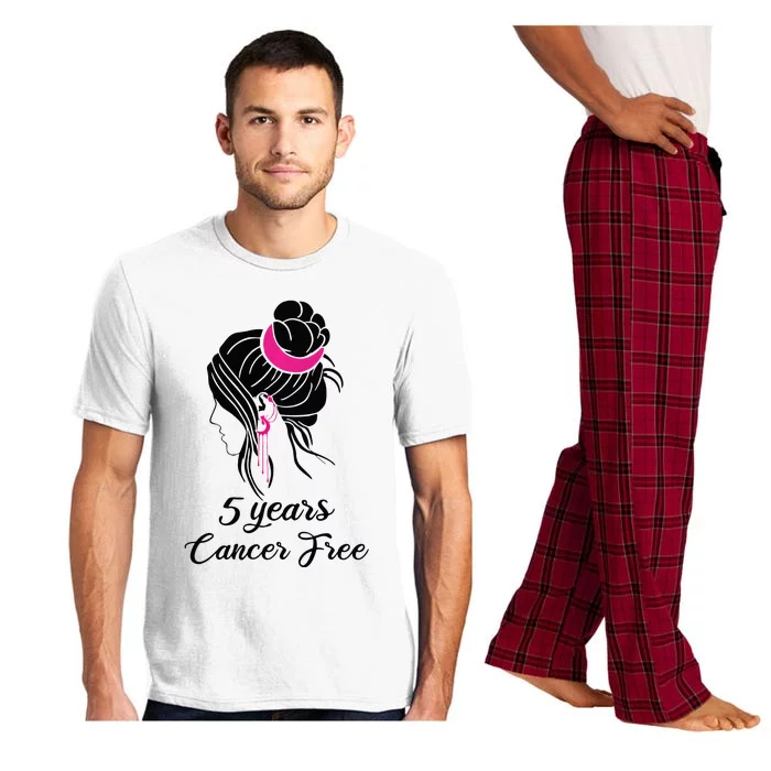 5 Year Cancer Free Breast Cancer Awareness Messy Bun Girl Pajama Set