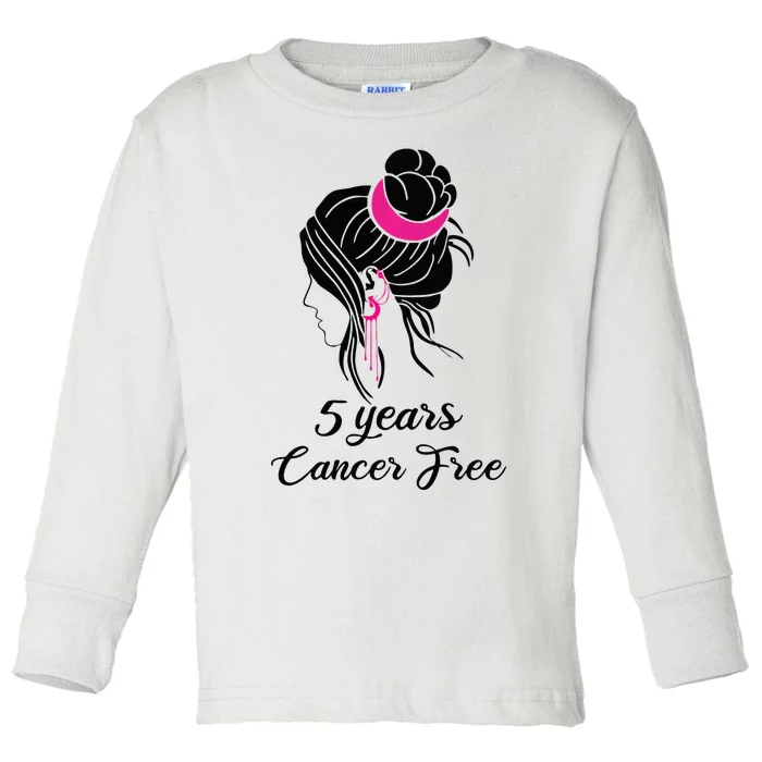 5 Year Cancer Free Breast Cancer Awareness Messy Bun Girl Toddler Long Sleeve Shirt