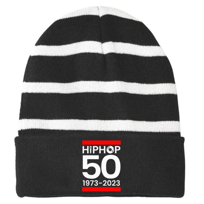 50 Years Hip Hop Retro 50th Anniversary Celebration Striped Beanie with Solid Band