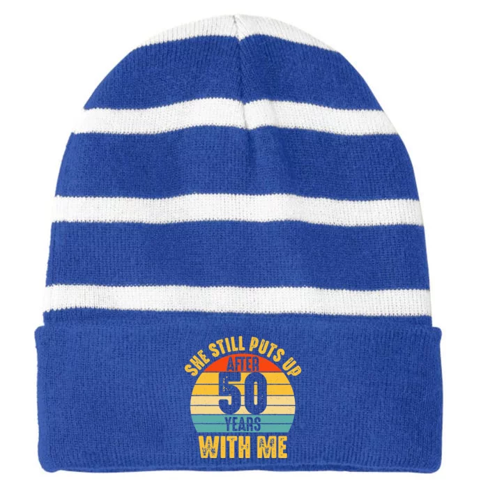 50 Year Marriage Husband 50th Wedding Anniversary Striped Beanie with Solid Band