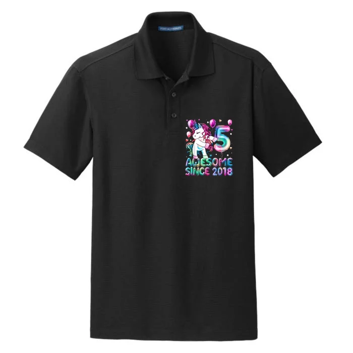 5 Years Old Unicorn Flossing 5th Birthday Girl Unicorn Party Dry Zone Grid Performance Polo