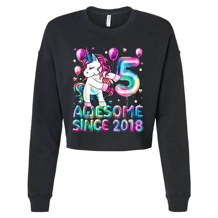 5 Years Old Unicorn Flossing 5th Birthday Girl Unicorn Party Cropped Pullover Crew