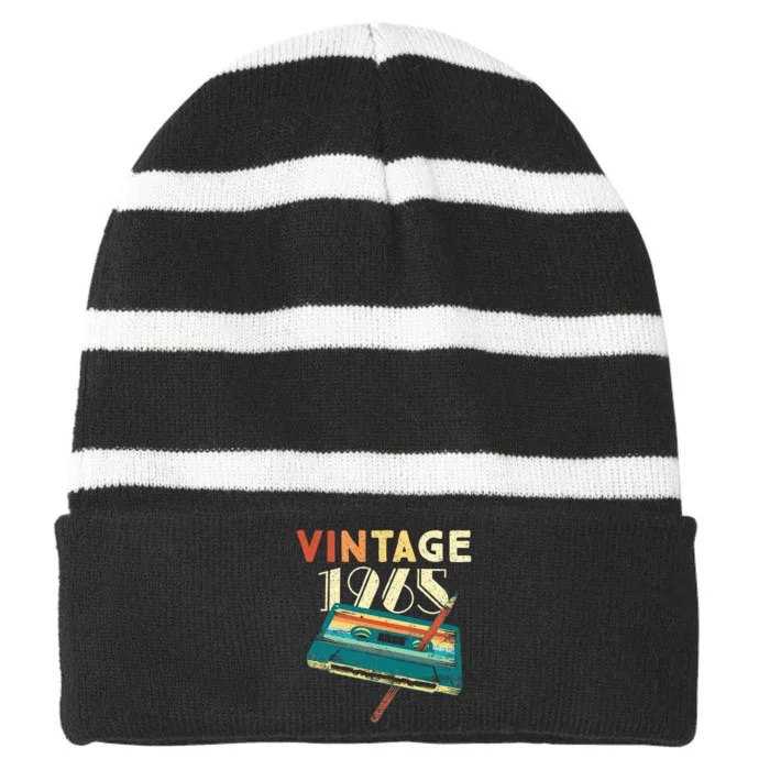 58 Years Old Gifts Vintage 1965 Music Cassette 58th Birthday Striped Beanie with Solid Band