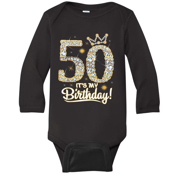 50 years old It's my Birthday 50th Birthday Diamond Crown Baby Long Sleeve Bodysuit